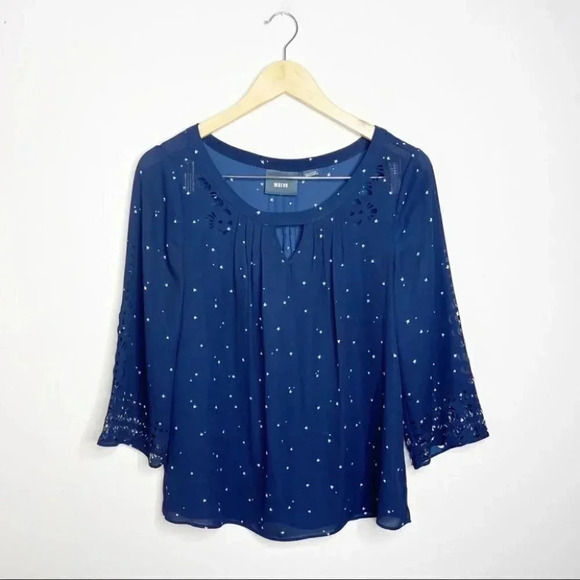 Anthropologie Maeve Star Print Laser Cut Blouse Navy White Women's Size 2 - Picture 2 of 9